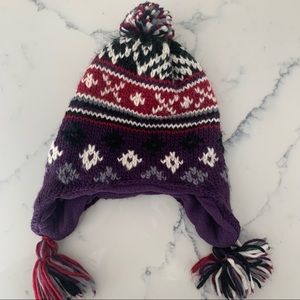 Youth Lined Winter Hat with Ear Flaps. Purple/White/Red/Grey Jacquard